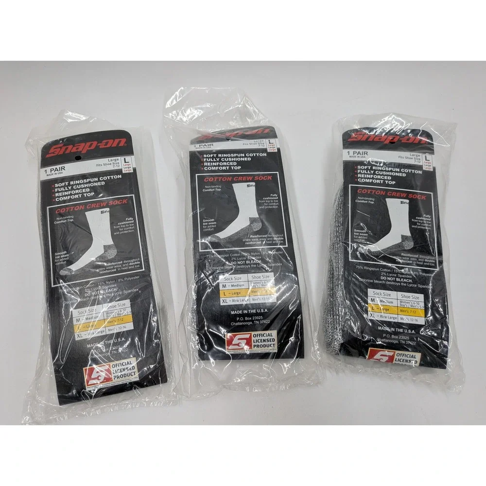 Snap-on 3 Pack Men White Cotton Crew Socks Large Shoe Size 7-12 Made in USA